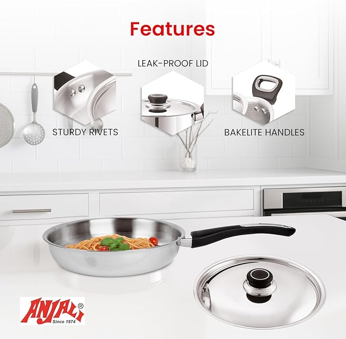 ANJALI Fiesta Pro Stainless Steel Fry Pan & Kadai Set ??8.7 Inch Frying Pan and 10.2 Inch Kadai ??Induction & Gas Compatible Cookware with Stay-Cool Handles