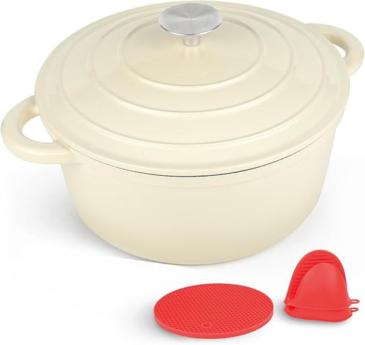 6 Quart Enameled Cast Iron Dutch Oven Pot with Lid and Silicone Accessories, Oven Safe up to 500째F or on Stovetop, Non-stick Dutch Oven for Bread Baking, Cooking, Dual Handles Cookware, Beige