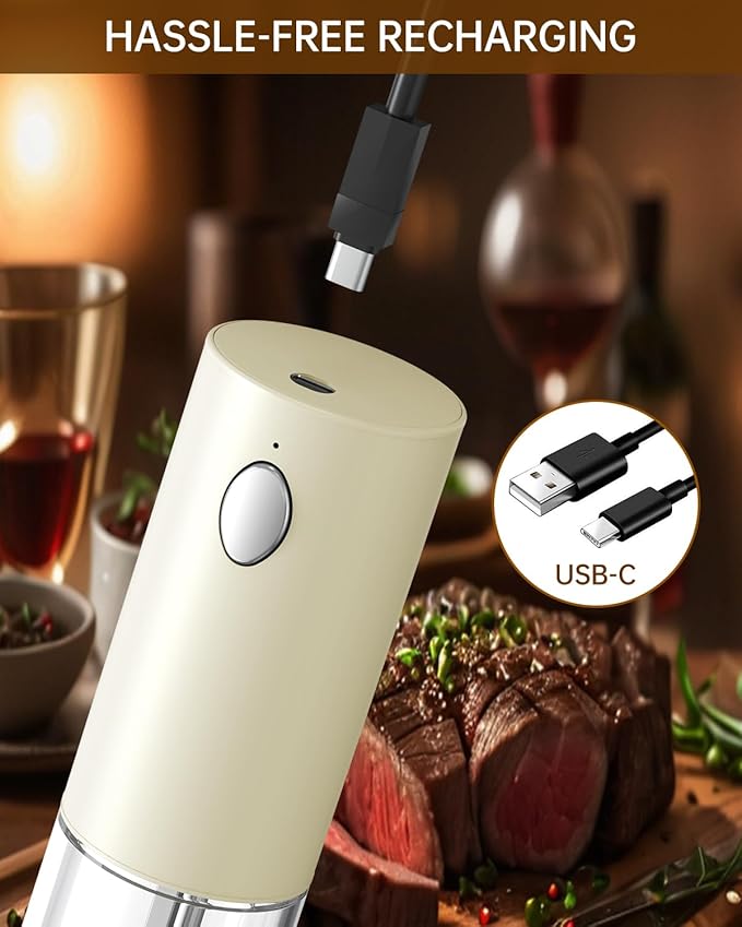 CIRCLE JOY Electric Salt and Pepper Grinder Set Rechargeable Salt and Pepper Mills with Storage Base, Adjustable Coarseness and LED White Light, Washable 95ml Container, Light Yellow