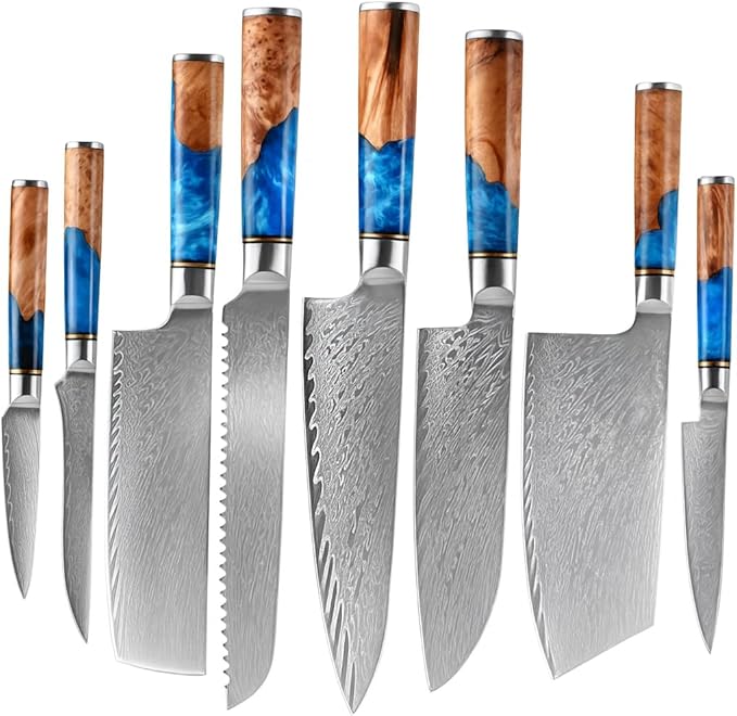 Epicurean Cook Damascus Kitchen Knife Set with VG10 Steel - 8-Piece Japanese Damascus Knife Set for Professional Performance - Ultra Sharp Chef Knives with Blue Resin Burl Wood Handles