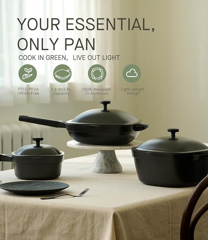 10.5 Inch(3.8QT) Ceramic Pan with Lid,Non Stick Frying Pans Cast Aluminum Deep Saut챕 Pans,Ti-Ceramic Non Toxic Pix Pan with Wooden Spatula and Scrubber-Midnight Hearth