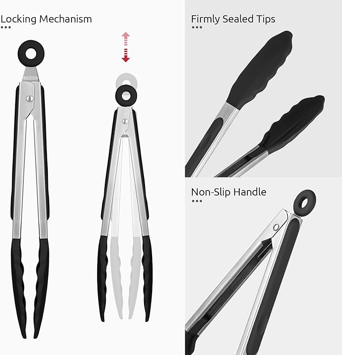 600쨘F Heat Resistant Kitchen Tongs: U-Taste 9 inch Silicone Cooking Tong with Firm Sealed Non Stick Rubber Tips & Silicon Coated 18/8 Stainless Steel Handle & Smooth Locking for Serving Salad (Black)