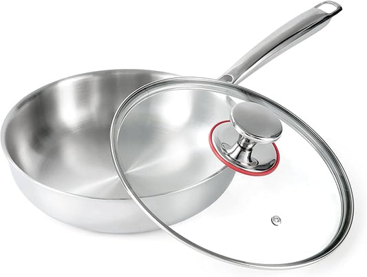 Professional Grade 316L Stainless Steel Frying Pan | 9.5 Inch Skillet with Glass Lid | Healthy PFOA/PFOA-Free & Dishwasher Safe | Induction & Gas Stove Compatible, Oven Safe to 500째F