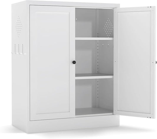 White Steel Pantry Cabinet with 2 Adjustable Shelves, Metal Storage Cabinets for Kitchen, Living Room, Bathroom, Heavy Duty Freestanding Utility Cabinet, Assembly Require
