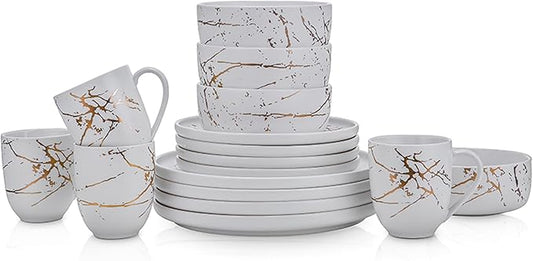 Stone Lain Porcelain 16 Piece Dinnerware set, 4 Full White Gold Splash Sets