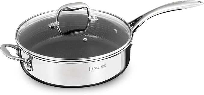 DELUXE Hybrid Ceramic Nonstick 3.7 Qt Deep Saut챕 Pan with Lid, Stainless Steel Skillet with Stay-Cool Handles, Dishwasher and Oven-Safe, PFOA Free Deep Frying Pan, Compatible with All Cooktops