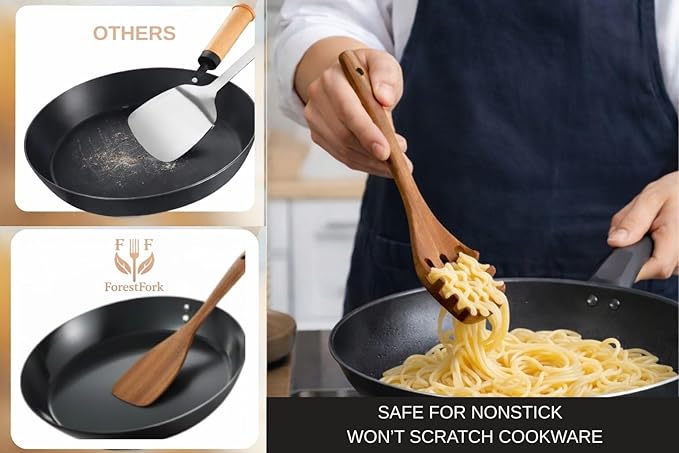 Wooden Kitchen Utensil Set, 9-Piece Teak Wood Kitchen Spoons for Cooking- Durable, Comfortable Grip, Non-Stick, Heat Resistant, Non-Scratch Kitchen Utensils-Perfect Cooking Gift