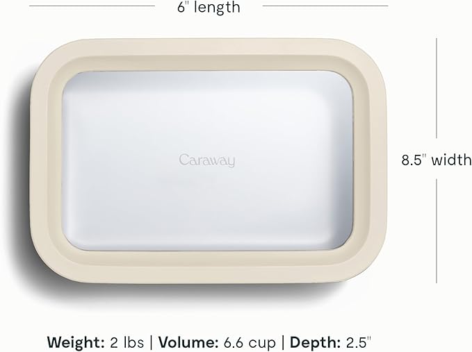 Caraway 6pc Glass Food Storage Set ??6.6 Cup Food Containers (6) - Ceramic Coated - Non Toxic, Non Stick with Lids - Microwave Safe - Cream