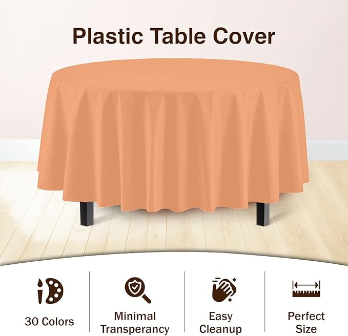 Party Solids Pack Of 6 Premium Plastic Tablecloth 84 Inch Round Plastic Table Cover - Peach