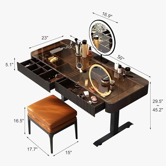 Lartis Vanity Table with Stool,Electric Lift Vanity Desk,Vanity Set竊똗p and Down Desk, Standing Vanity with Drawer (Black Brown, 50 in)