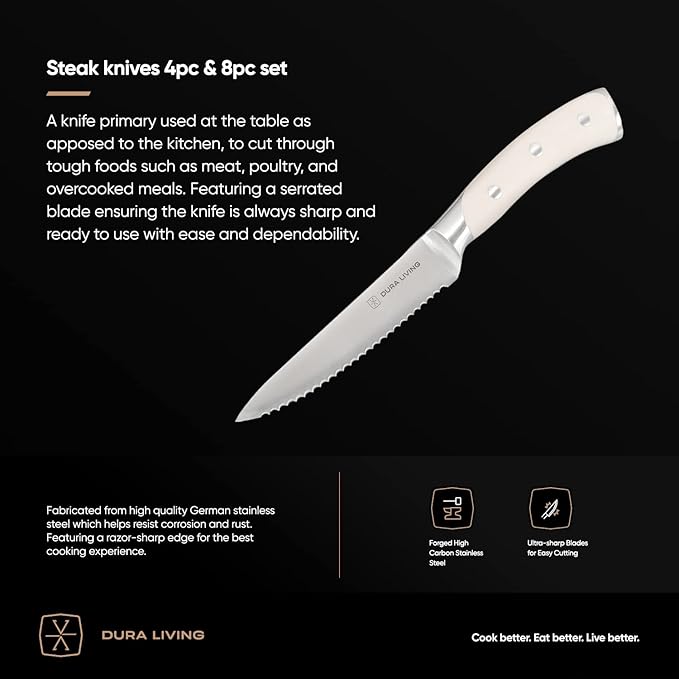 DURA LIVING 4-Piece Serrated Kitchen Steak Knife Set ??Forged High Carbon Stainless Steel, Ultra Sharp, Ergonomic Black Handles, Durable Dinner Knives, Cream Handle