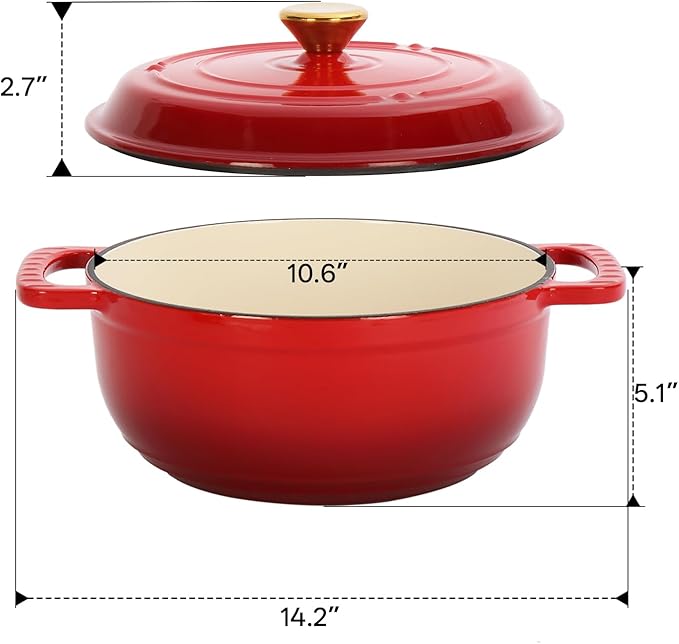 Dutch Oven Pot with Lid, 6 Quart Enameled Cast Iron Dutch Oven, Dual Handles, Kitchen Pots Oven Safe up to 500째F, Stovetop Compatible, Marinate, Cook, Bread Baking, Refrigerate & Serve, Red