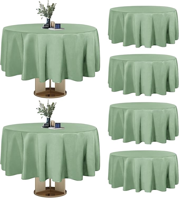 Easy-Going 6 Pack Sage Green Tablecloths 70 Inch-Round for 5 Ft Round Table, Washable Polyester Waterproof Stain Resistant Table Cloth, Decorative Table Cover for Kitchen, Dining Tables, Events