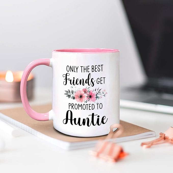 QASHWEY Auntie to Be Gifts Coffee Mug, Funny Pregnancy Announcement Gifts for Best Friend NewAuntie, Get Promoted to Auntie Double Side Printed Ceramic Mug Cup 11 Ounce(Pink)
