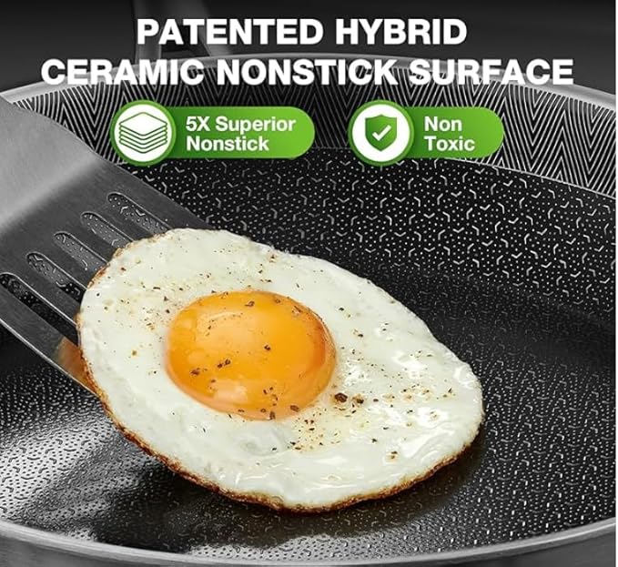 PekGema Hybird Nonstick Frying Pan with Lid 12 inch, Stainless Steel Skillet, Ceramic Non-stick Oven-Safe Chef Pan, Induction Ready, PFOA PFAS FREE Cookware