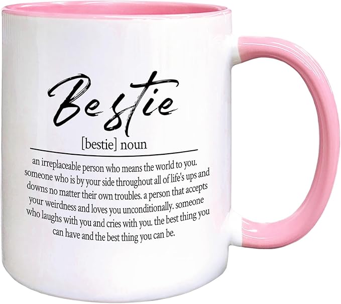 QASHWEY Bestie Definition Coffee Mug, Best Friend Bestie BFF Soul Sister Gifts for Women Teen Girls,Inspirational Friendship Gifts Double Side Printed Ceramic Mug Cup 11 Ounce(Pink)