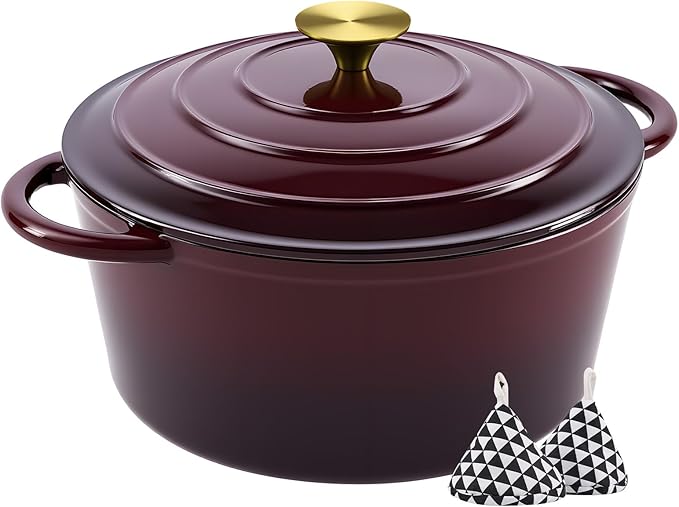 Miereirl 6 Quart Enameled Dutch Oven Pot with Lid, Cast Iron Dutch Oven with Dual Handles for Bread Baking, Cooking, Non-stick Enamel Coated Cookware, Fig