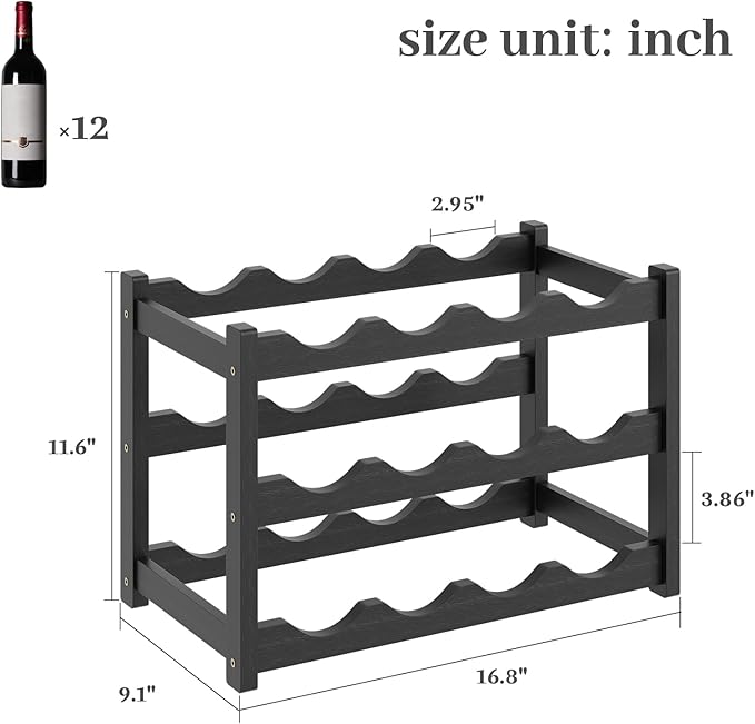 Wine Rack竊똁amboo Wine Storage Cabinet Shelf竊똂ountertop Wine Shelf- Freestanding Wine Holder for Kitchen & Pantry (Black, 3-Tier)