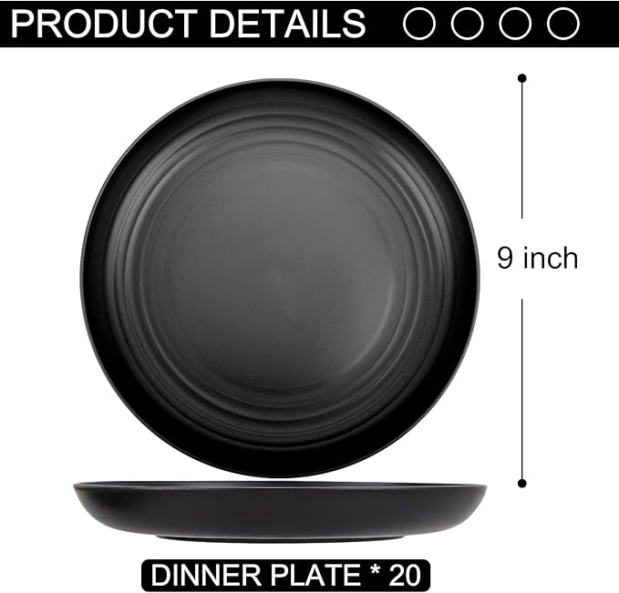 LIYH 20 Pcs Wheat Straw Black Plastic Plates - 9 Inch Unbreakable Dinner Plate Reusable, Dishwasher & Microwave Safe, Camping Outdoor Plates
