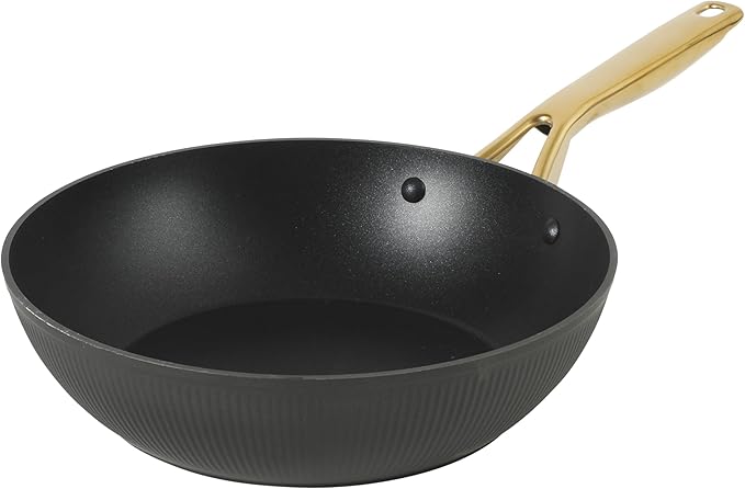 Oster Platinum Abbottsford 11-Inch Matte Black Ceramic Nonstick Wok with Gold Stainless Steel Handle ??Flat Bottom, Oven & Induction Safe