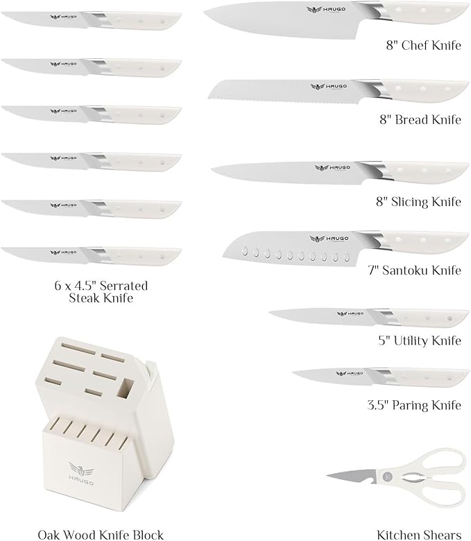 Kitchen Knife Set - Haugo 14 PCS Cream White Knife Set with Block and Sharpener - German Stainless Steel - Full Tang Knife Block Set and Ergonomic Handle - Obsidian Series