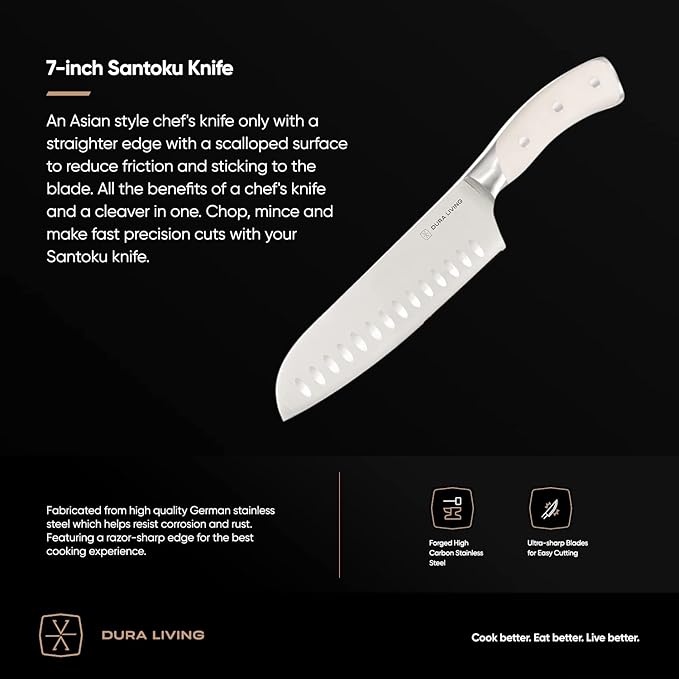 DURA LIVING 7-Inch Santoku Knife ??Ultra-Sharp German High Carbon Stainless Steel, Full Tang, Ergonomic Handle, Multipurpose Kitchen Knife for Chopping, Slicing, and Dicing, Cream