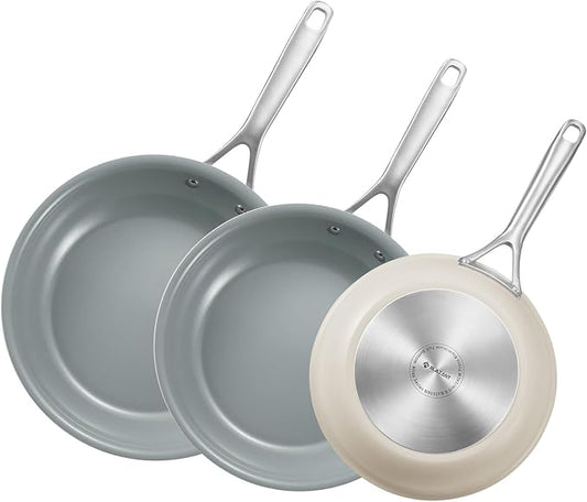 Non Stick Frying Pans Set, Ceramic Frying Pans Nonstick, 3-Piece Nonstick Induction Skillet Set (8", 9.5", 11") with Cast Steel Handles, SolidPlate Induction Base, PTFE/PFAS Free, Oven Safe
