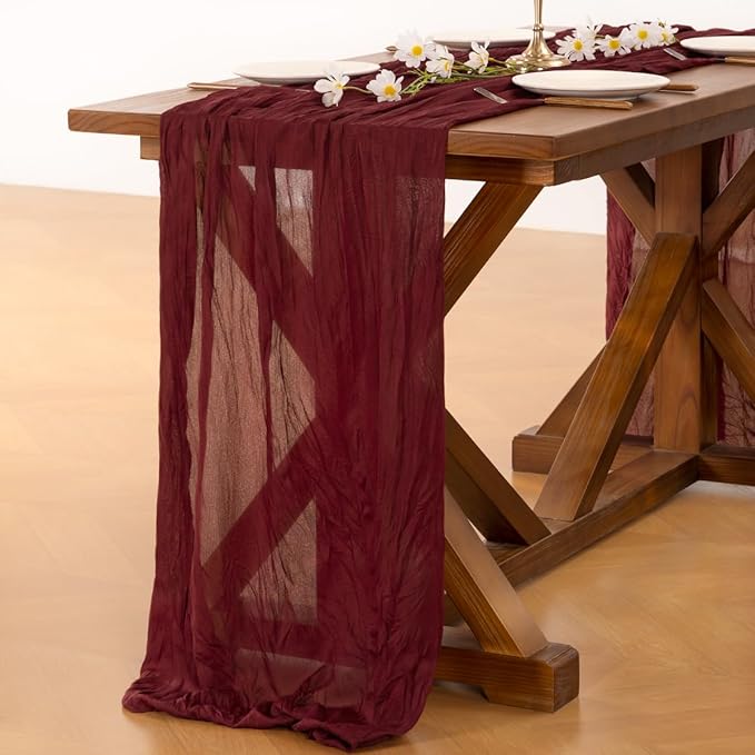 Socomi 3pcs Burgundy Red Valentine's Day Cheesecloth Table Runner Boho Rustic Gauze 120 inch 10FT Cheese Cloth Runner for Wedding Party Baby Shower Birthday Home Decor Holiday Decorations