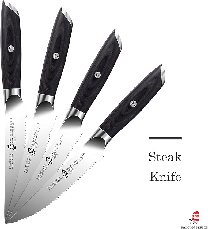 TUO Steak Knives - 4 Piece Steak Knife Set, Serrated Edge Steak Knives 5 inch Kitchen Knife - German High Carbon Stainless - Full Tang Pakkawood Handle - Falcon Series with Gift Box