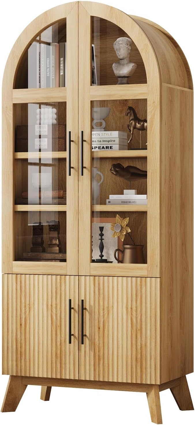 QUW 71" Modern Fluted Display Cabinet, Fluted Arched Pantry Cabinet, Tall Kitchen Storage Pantry with Adjustable Shelf, Storage Cabinet for Living Room, Dining Room, Natural Oak
