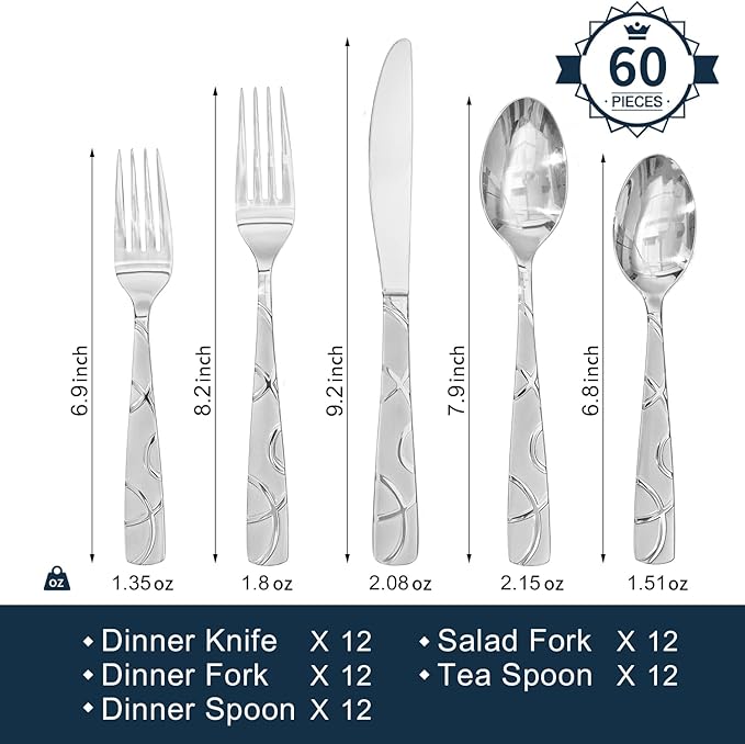 HIKAA 60PCS Stainless Steel Silverware Set, Modern Flatware Set for Kitchen, Mirror Polished Cutlery Set with Forks, Spoons and Knives竊똃ishwasher Safe