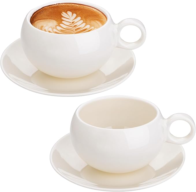 Ceramic cup and saucer Cups Set 竊?9 Ounce / 270ml 竊?Cappuccino Cups, Coffee Cups, British Coffee Cups, Porcelain Tea Set, Latte Cups竊똕et of 2 (2, creamy white)