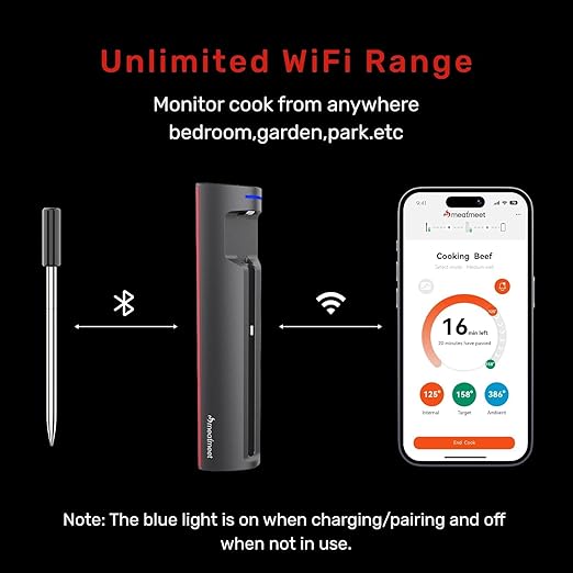 Pro WiFi Wireless Meat Thermometer Digital, Bluetooth Meat Thermometer Wireless, Smart App Monitoring, IP67 Waterproof Meat Probe Thermometer for BBQ, Oven, Grill, Smoker