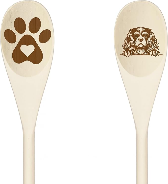CAVALIER KING CHARLES Wooden Spoons for Cooking, Serving or Decorative Kitchen Utensils Set Dog Lover Dog Mom/Dad Gift with Peeking Dog Designs, Paw Print and Dog Head, Kitchen Utensils Set of 2
