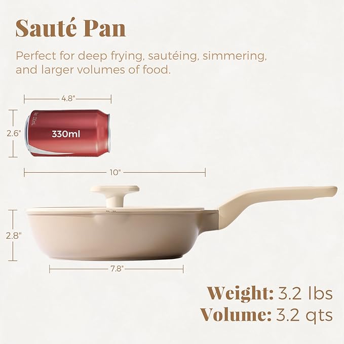PRICUSIS Nonstick Deep Frying Pan with Glass Lid, 10 Inch (3.2 qt), 5X Durable Nonstick Saut챕 Pan, Scratch & Stain Resistant, PFOA Free, Induction Compatible, Dishwasher & Oven Safe, Natural Linen