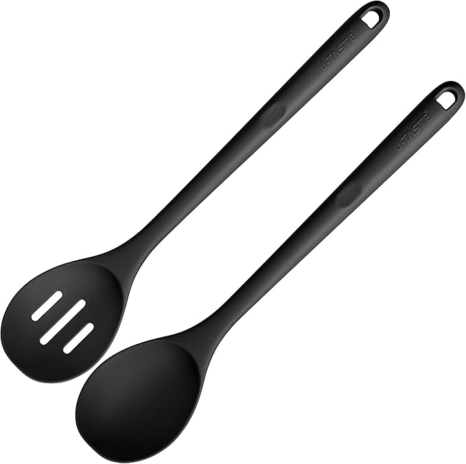 600쨘F Heat Resistant Silicone Spoons: U-Taste 13.3in Solid & Slotted Kitchen Cooking Spoon, Nonstick Long Rubber Utensil, Sturdy for Mixing, Serving, Stirring, Frying, Draining (Black, 2PCS)