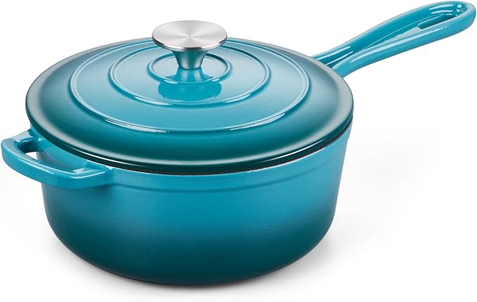 Onader 3QT Enameled Cast Iron Saucepan with Lid, Small Sauce Pan, Enamel Cast Iron Dutch Oven Cooking Pot, Nonstick & Heavy Duty ??Dark Cyan
