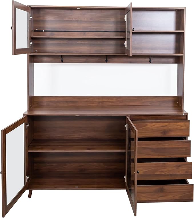 63" W Large Kitchen Hutch Cabinet, Freestanding Pantry Storage Cabinet with Hutch, 4 Doors 4 Drawers & Microwave Shelf, Buffet Sideboard Cupboard for Dining Room Kitchenette, Walnut