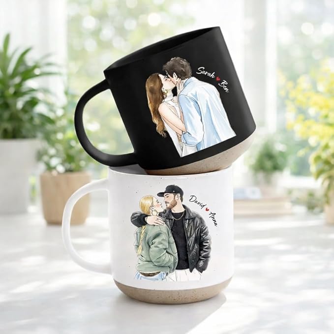 Custom Valentine Pottery Mug with Watercolor Photo, Personalized Couple Coffee Cups, Custom Valentine Gifts for Girlfriend Boyfriend, Personalized Gifts for Couple with Unique Design