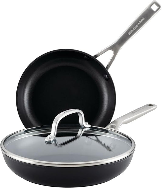 KitchenAid Hard Anodized Induction Nonstick Frying Pan Set With Lid, 3-Piece ??8 & 10 Inch Skillets, Durable, Even Heating, Dishwasher & Oven Safe, Easy-Clean, Matte Black