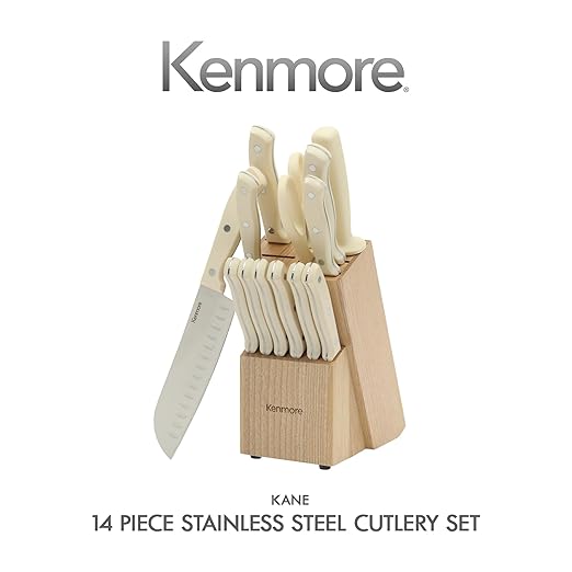 Kenmore Kane 14-Piece Stainless Steel Kitchen Knife Block Set ??Triple Rivet ABS Handles, Cream White ??Chef, Bread, Utility, Paring, Steak Knives & Kitchen Shears in Wood Storage Block