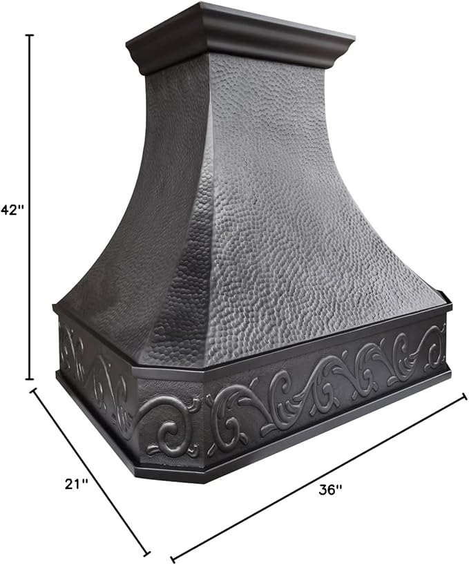 CT Copper Tailor Copper Vent Hood Wall Mount,42'' W,36''H, 1150 CFM Exhaust Fan,Stainless Steel Vent,LED Light,Dishwasher-Safe Baffle Filters,Heavy Hammered-Dark Patina,VH3A