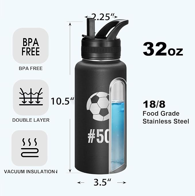 Personalized Laser Engraving Custom Water Bottle Print in USA 32oz Double Wall Stainless Steel Leakproof Wide Mouth Cup with Flip Straw