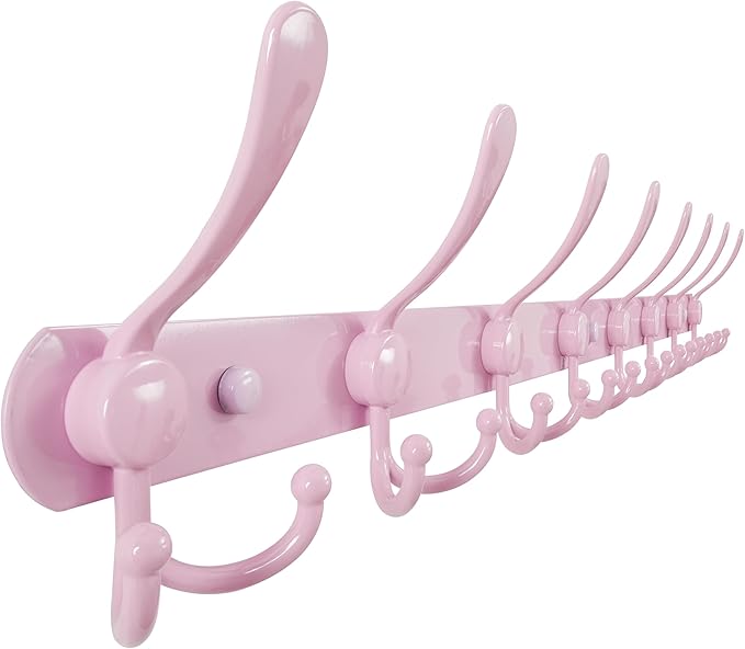 Dseap Coat Rack Wall Mount - 29.5??Long 8-Tri-Hooks Heavy Duty Coat Hanger Rail Wall Hooks for Hanging Coats Hats Clothing Clothes Purse Mudroom Entryway, Pink