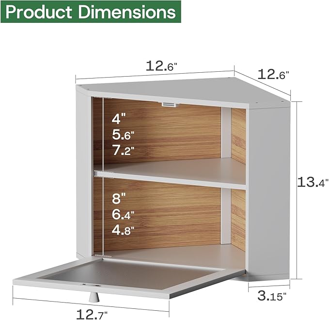Corner Bread Box for Kitchen Countertop - Bamboo Wood, Wavy Acrylic Door, White Adjustable 2-Layer Bread Storage Container, Large Bread Holder