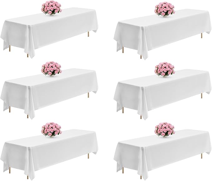 VEVOR White Tablecloths for Rectangle Tables, 6 Pack, 90 x 132 Inches, Reusable and Machine Washable Table Clothes, Wrinkle-Resistant Polyester Fabric Table Covers for Wedding, Party, Banquet