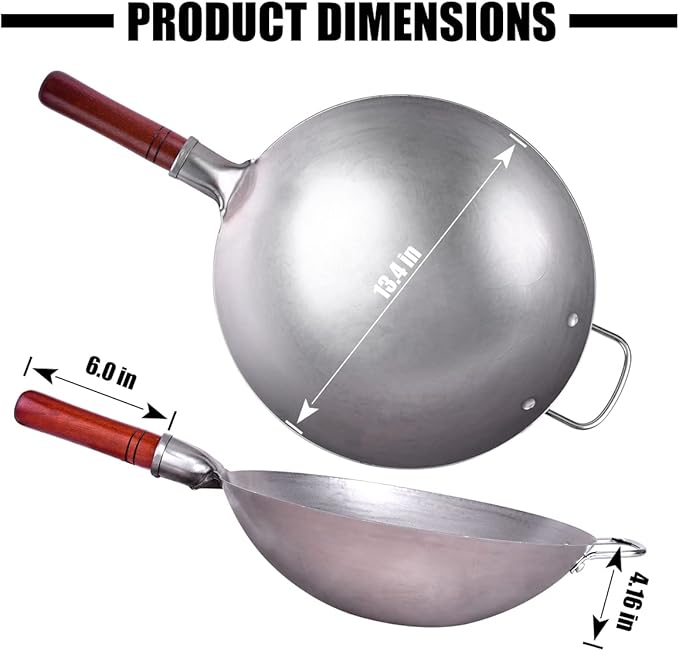 Carbon Steel Wok Traditional Hand Hammered - 13.4" Chinese Woks Round Bottom Wok Pan Set with 8 Pcs Cookware Accessories
