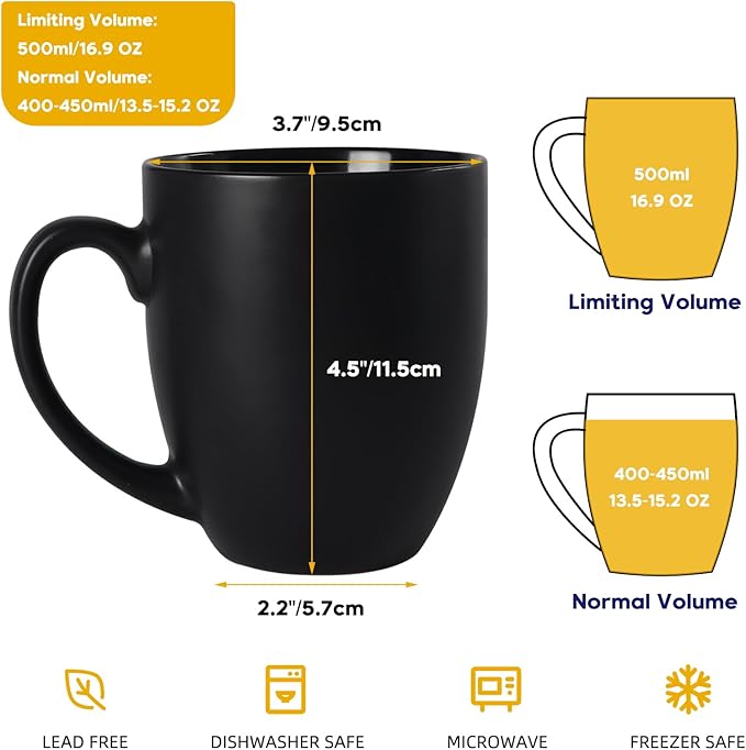 Schliersee 16 OZ Black Coffee Mugs Set of 6, Large Porcelain Mug for Cup for Latte, Tea, Cappuccino, Mocha, Cocoa, Housewarming Wedding Stoneware Mug Present
