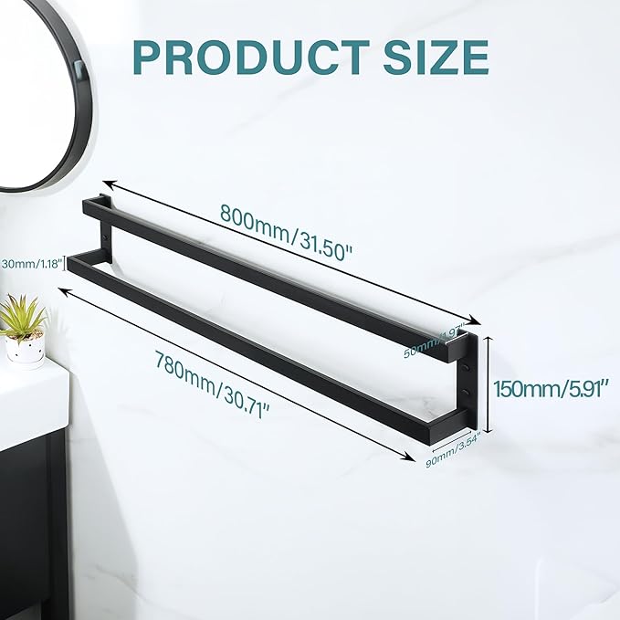 Alise Double Towel Bar 32", SUS304 Stainless Steel Towel Racks for Bathroom Wall Mounted, Space Saving Bathroom Towel Holder, Long Towel Hanger, Matte Black