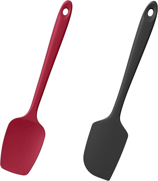 Doosu Silicone Scraper Spoon Spatulas, 600째F Heat Resistant BPA Free Rubber Flat Spatula, Kitchen Mixing Stirring Cooking Spoonula, Non-Stick Dishwasher Safe Baking Supplies (2 Pcs, Black+Red)